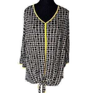 WESTBOUND Long Sleeve Black White Yellow Abstract Geometric Top V Neck Tie XL